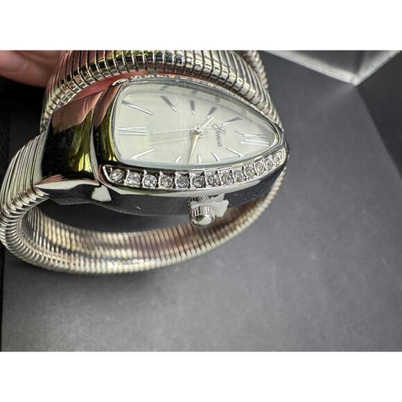 Vtg Genoa Silver Tone Watch Snake Coil Wrap Around Band Rhinestone Bezel NEW main image 7